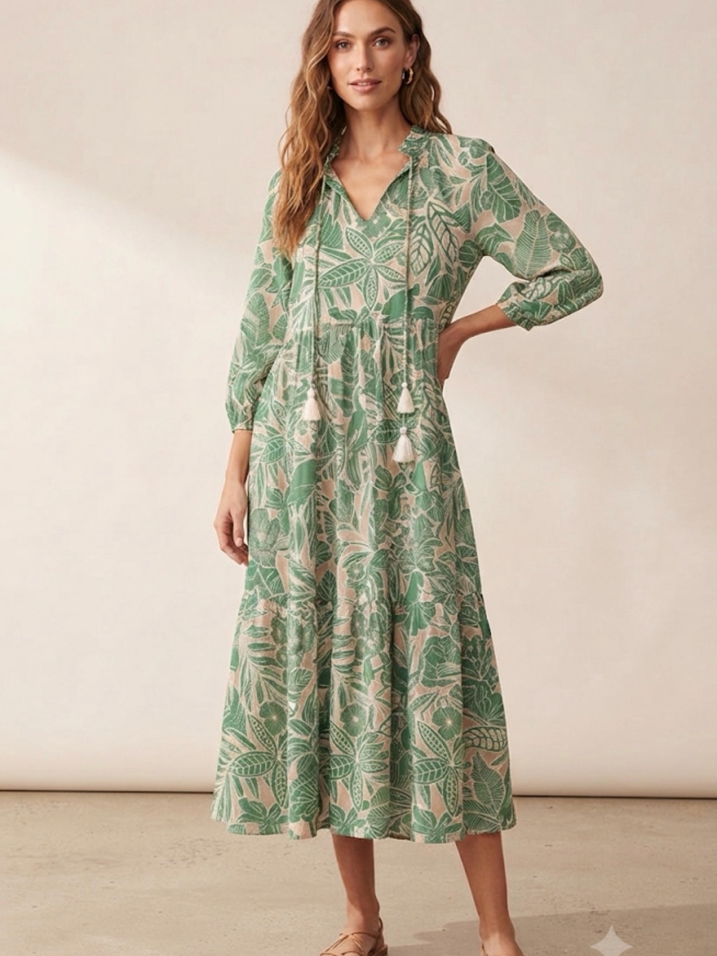 $160 New O.P.T Green & Tan Linen Blend Dress Floral Sz Small Midi Long Sleeve